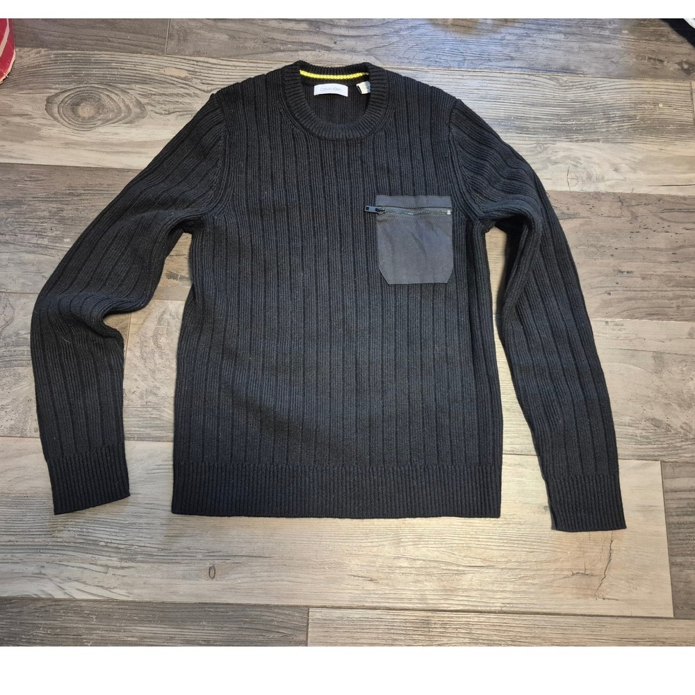 Calvin Klein Mens Crewneck Sweater Ribbed Knit with Pocket Small Black